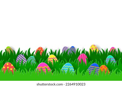 Coloured eggs hidden in the grass. Paper cut Easter background. Vector illustration