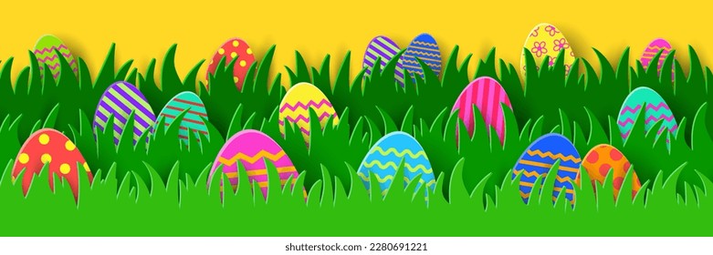 Coloured eggs hidden in the grass. Paper cut Easter banner. Panoramic header. Vector illustration