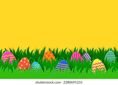 Coloured eggs hidden in the grass. Paper cut Easter background. Vector illustration