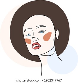 Coloured female face line, hand drawn, sketch, flat vector illustration for fashion, design, web use and prints. 