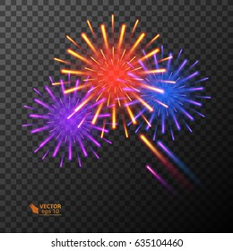 Coloured firework, bright light effects isolated on transparent background. Vector illustration