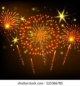 Coloured firework on black background. Vector illustration