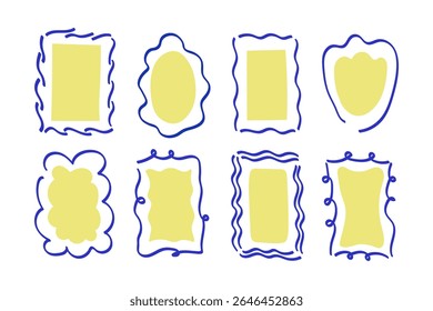 Coloured Frames border hand drawn. Elegant emblems in sketch style. Set with abstract ornamental template background. Vector illustration. Stamp cards for design, flyer, birthday. Backdrop for text