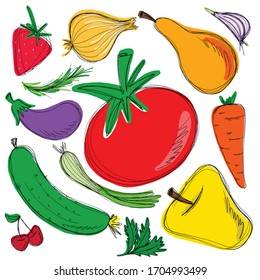 Coloured freehand drawing fruits and vegetables. Vector illustration isolated on white. Bright set healthy food