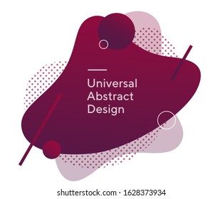 Coloured geometric bubbly forms. Universal dynamical shapes, geometric lines. Deep purple and burgundy background, white sample text. Design for promo poster, ad flyer or slide. Vector illustration.