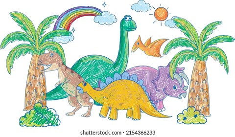 Coloured hand drawn dinosaurs group illustration