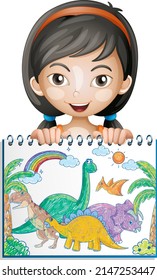 Coloured hand drawn dinosaurs on paper with a girl cartoon character illustration