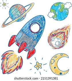 Coloured hand drawn spaceship collection illustration