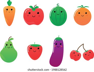 Coloured happy fruits vector  pear Strawberry watermelon eggplant orange cherry apple carrot