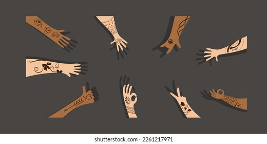 Coloured human raised hands tattooed with various gestures. Background for banner or landing page with freedom and tolerance to diversity idea.