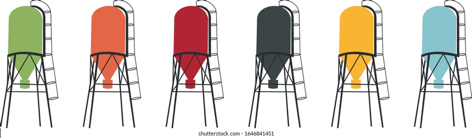 Coloured icons of grain silos for agriculture