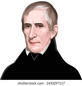 A coloured illustration of a portrait of the President of USA william harrison on a white background