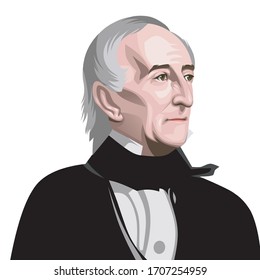 coloured illustration of a portrait of the President of USA John Tyler on a white background