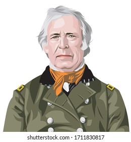 ilustración coloreada de un retrato del Presidente de los Estados Unidos, Zachary Taylor, sobre un fondo blanco