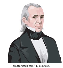 coloured illustration of a portrait of the President of USA James polk on a white background