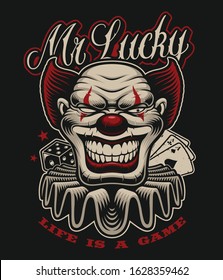 Coloured illustration of a scary clown in tattoo style. Perfect for shirt prints and many other uses