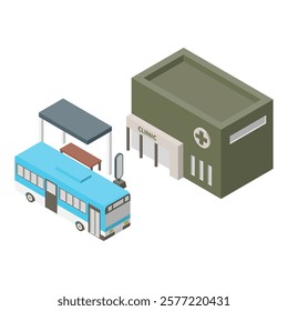 Coloured isometric design depicting a bus stop and a clinic.Illustration of elements symbolising medical facilities and public transport within the city.Design material without main lines.