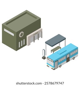 Coloured isometric design depicting a bus stop and a clinic.Illustration of elements symbolising medical facilities and public transport within the city.Without main lines.