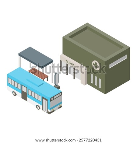 Coloured isometric design depicting a bus stop and a clinic.Illustration of elements symbolising medical facilities and public transport within the city.Design material without main lines.