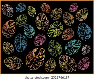 Coloured leaves on a black background. Cute coloured leaves for any decoration. Art of the coloured leaves.