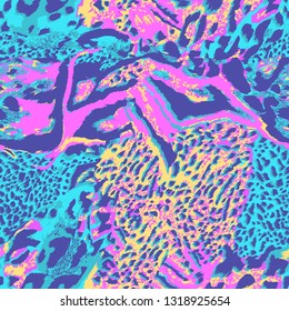 Coloured leopard pattern. Seamless wild safari skin pattern. Mix of Tiger skin, jaguar skin. Neon colors. Glitch pattern. Retro pattern.