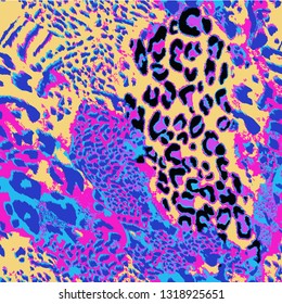 Coloured leopard pattern.Seamless wild safari skin pattern. Mix of Tiger skin, jaguar skin, leopard skin print. Neon colors. Glitch pattern. Retro pattern.