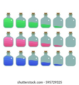 Coloured magic potion bottles in vector with a different amount of liquid.