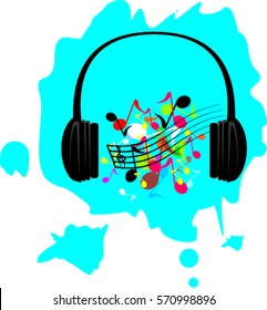 Coloured musical notes between the speakers of  black headphones and musical staff with treble clef on a blue paint splatter