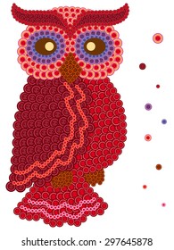 Coloured ornamental owl in red hues made from many various buttons, cartoon vector artwork