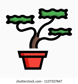 Coloured outline Pot bonsai tree pixel perfect vector icon
