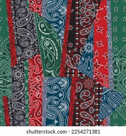 Coloured paisley bandana fabric patchwork abstract vector seamless pattern