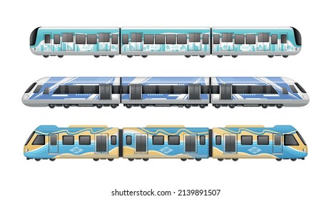 Coloured Passenger Subway Suburban Train Realistic Mockup Set Isolated On White Background Vector Illustration