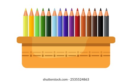 Lápices de colores en una cesta para oficina, escuela, estudio. Cesta amarilla con lápices, almacenamiento, vidrio. Ilustración vectorial plana aislada sobre fondo blanco