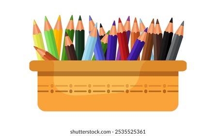 Lápices de colores en una cesta para oficina, escuela, estudio. Cesta amarilla con lápices, almacenamiento, vidrio. Ilustración vectorial plana aislada sobre fondo blanco