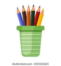 Lápices de colores en un vaso para oficina, escuela, estudio. Vidrio verde con raya blanca. Ilustración vectorial plana aislada sobre fondo blanco