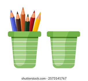 Coloured pencils in a glass for office, school, study. Glass with pencils and empty glass Green plastic glass with white stripe. Flat vector illustration on white background