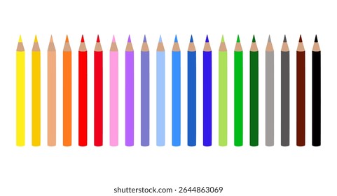 Coloured pencils with sharp tips arranged in line, school accessory simple hand drawn illustration, stationary object back to school concept image, painting material, tool for hobby, craft, drawing