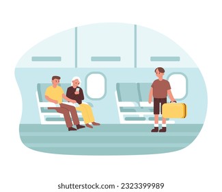 Coloured people going to airport for next trip. Time for travel abroad using plane. Tourists and travellers waiting for departure. Vector flat style illustration