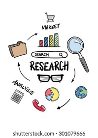 Iconos de investigación coloreados vectores de concepto contra fondo blanco
