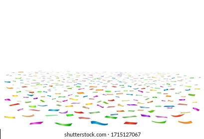 Coloured ribbons confetti floor. Vector colourful glitter ribbon confetties scatter isolated on white background