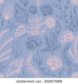 COLOURED SEA SHELL AND CORALS NAUTICAL SEAMLESS PATTERN