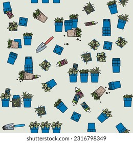 Patrón ininterrumpido de color con macetas de plantas azules, diferentes plantas, suelos y mallas de jardín