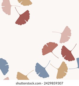 Coloured Seamless pattern with gingko biloba leaves, veined, background in blue and pink. Vector illustration EPS10