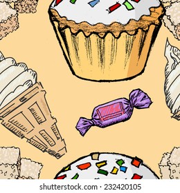 coloured seamless pattern with motive of dessert