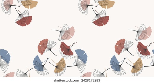 Coloured seamless pattern with skeletonized gingko biloba leaves, veined, white background. Vector illustration EPS10