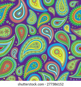 Coloured seamless pattern in style paisley on a purple background.