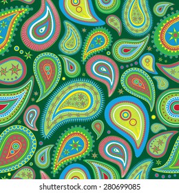 Coloured seamless pattern in style paisley on a green background.