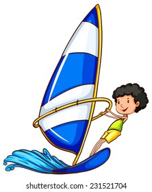 A coloured sketch of a boy enjoying the watersport on a white background 