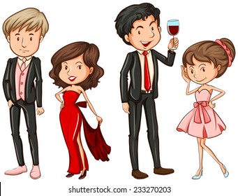 A coloured sketch of the people in their formal attires on a white background 