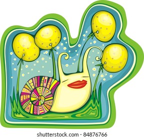 a coloured snail creeps on a grass between dandelions
